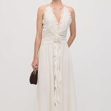 Halter Neck Ruffled Maxi Dress in White with Floral Decor