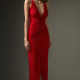 Diamante ruched midi kleit punases