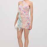 Disainere Asümmeetriline Mini Kleit Sulgedega