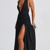 Classic Plunge Halter Split Maxi Dress