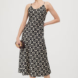Must Valge Geomeetrilise Prindiga Midi Kleid