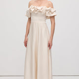 Volangidega Satään Midi Kleit Avatud Õlgadega