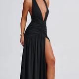 Classic Plunge Halter Split Maxi Dress