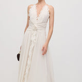 Halter Neck Ruffled Maxi Dress in White with Floral Decor