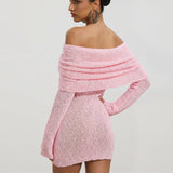 Roosa Üks Õlg Boucle Kootud Mini Kleidid