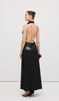 Cowl Neck Open Back Maxi Dress with Cardigan