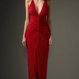 Diamante ruched midi kleit punases