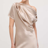 Asümmeetriline satiin drapeeritud midi kleit