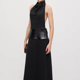 Cowl Neck Open Back Maxi Dress with Cardigan
