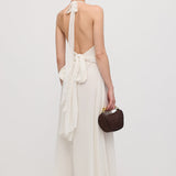 Halter Neck Ruffled Maxi Dress in White with Floral Decor