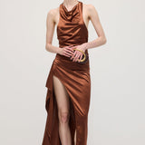 Satiinist Halter Slit Midi Kleid