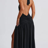 Classic Plunge Halter Split Maxi Dress