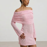 Roosa Üks Õlg Boucle Kootud Mini Kleidid