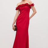 Ruffled Off-Shoulder Maxi Dress in Red