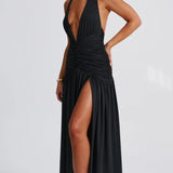 Classic Plunge Halter Split Maxi Dress
