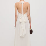 Halter Neck Ruffled Maxi Dress in White with Floral Decor