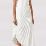 Asümmeetriline plekitud midi kleit valges