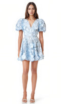 Sinine Lilleline Mini Kleit Puff Sleeve'idega