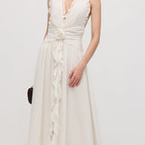 Halter Neck Ruffled Maxi Dress in White with Floral Decor