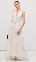 Halter Neck Ruffled Maxi Dress in White with Floral Decor