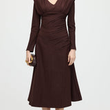 Pika Varrukaga Smocking Õlavarre Midi Kleid Coffee