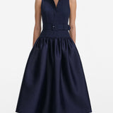 Tumesinine Vöödiga Twill Midi Kleid