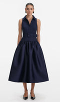 Tumesinine Vöödiga Twill Midi Kleid