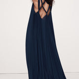 Pleated Georgette Avatud Seljaga Midi Kleid Navy