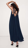 Pleated Georgette Avatud Seljaga Midi Kleid Navy