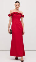Ruffled Off-Shoulder Maxi Dress in Red