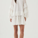 White Ruffled Tiered Puff-Sleeve Mini Dress