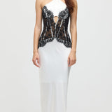 Satiinist ja pitsist korsett midi kleit valges