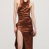 Satiinist Halter Slit Midi Kleid