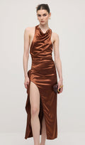 Satiinist Halter Slit Midi Kleid