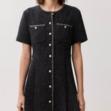 Must Lühikeste Varrukatega Tekstuuriga Mini Kleid