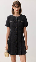 Must Lühikeste Varrukatega Tekstuuriga Mini Kleid