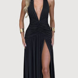 Classic Plunge Halter Split Maxi Dress