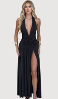 Classic Plunge Halter Split Maxi Dress