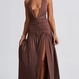 Classic Plunge Halter Split Maxi Dress