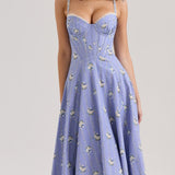 Veniv Puuvillane Midi Kleid Sinises Lillemustris