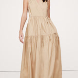 Beige V-kaelusega puuvillane popliinist mähkmididress