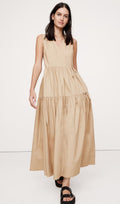 Beige V-kaelusega puuvillane popliinist mähkmididress