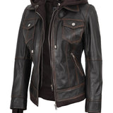 Real Leather Womens Black Bomber Jacket with Removable Hood