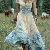 Serena™ | Lühike Maxi Kleit Lilleline Lavendel Elegantse Viimistlusega